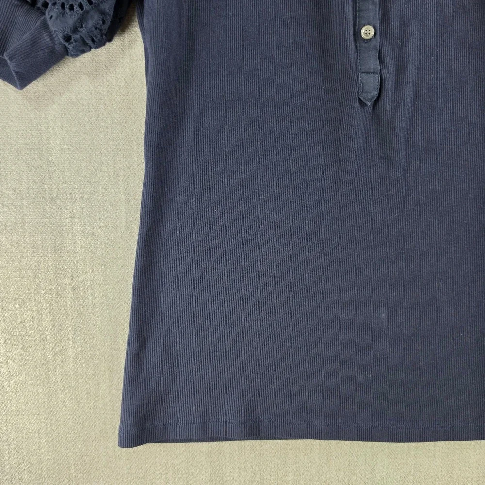 LOFT Henley Top Womens Medium Navy Blue Eyelet Lace Puff Sleeve Ribbed Knit‎